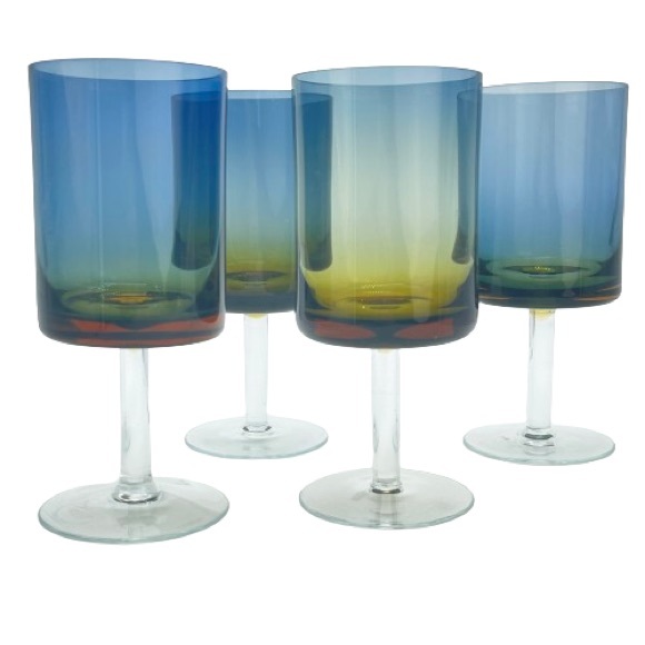 Vintage Denby Set of 4 Bluerina Krosno Wine Glass Goblets Blue Amber Ombré MCM